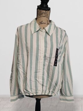 Future Collective Striped Button-Up Shirt in Cream & Green Sz 1X